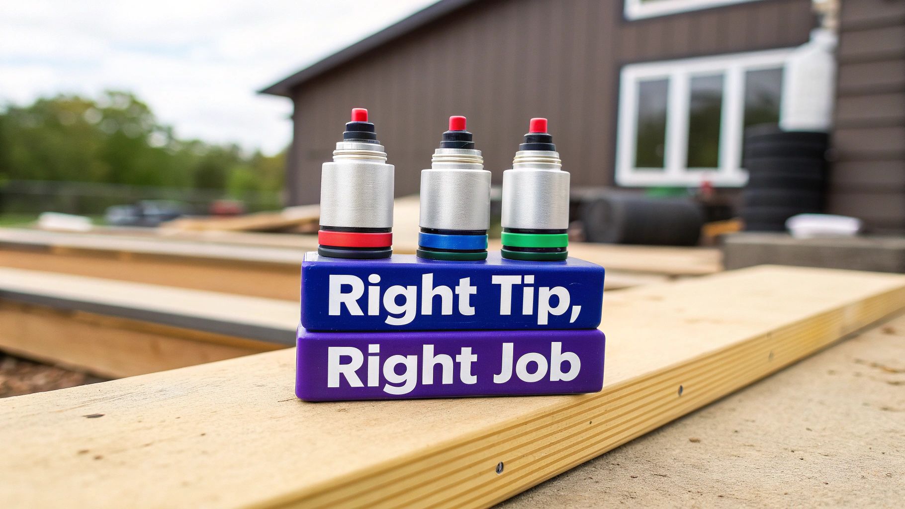 Three colorful spray tips, red, blue, green, rest on purple blocks with 'Right Tip, Right Job' motto.