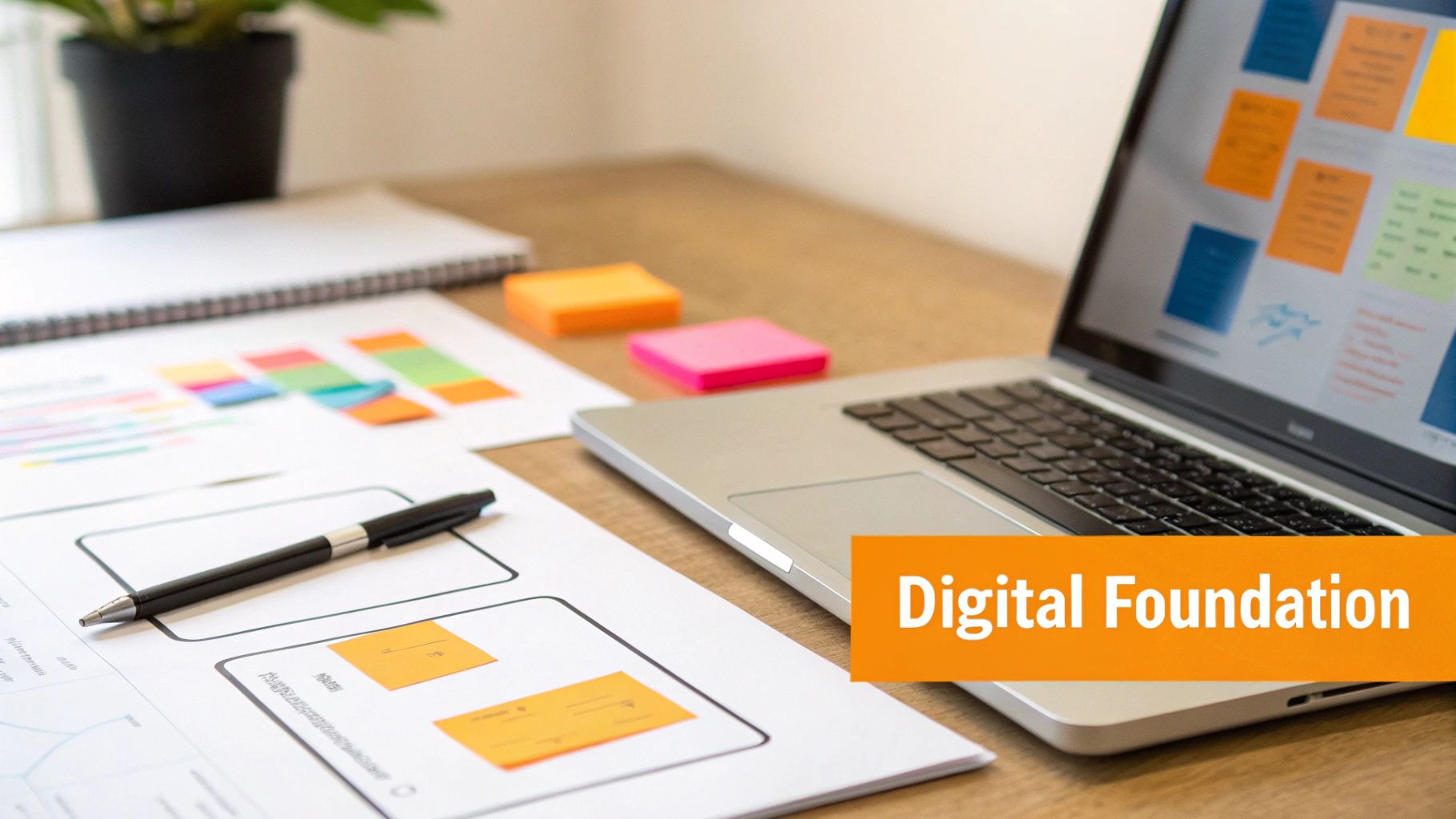 Desk with a laptop showing digital planning, charts, wireframes, and colorful sticky notes.