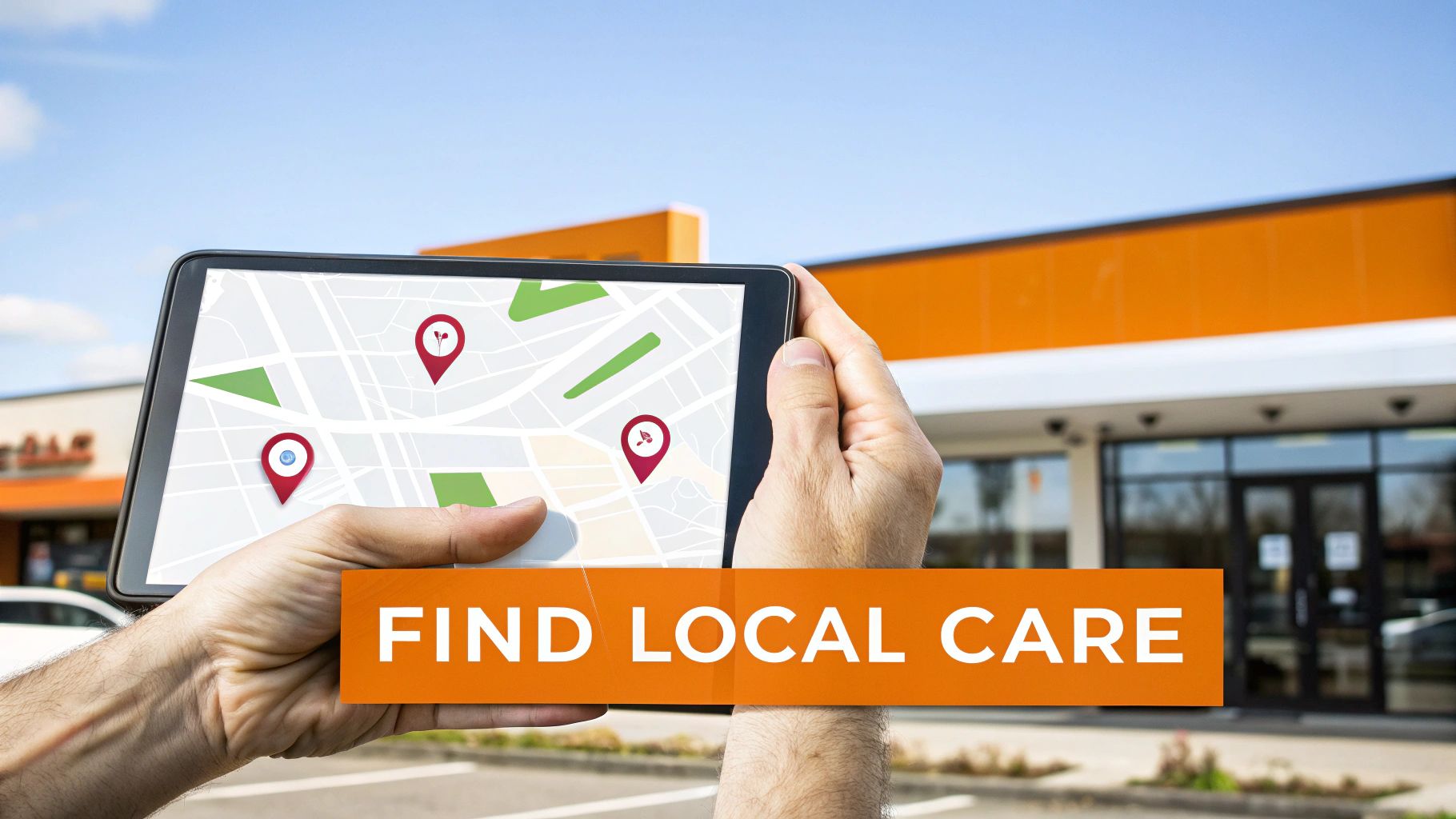 Hands holding a tablet displaying a map with location pins and 'FIND LOCAL CARE' text.
