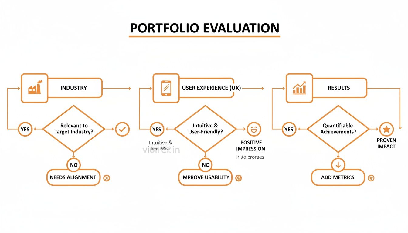 A flowchart detailing a portfolio evaluation process, covering industry relevance, user experience, and quantifiable results.