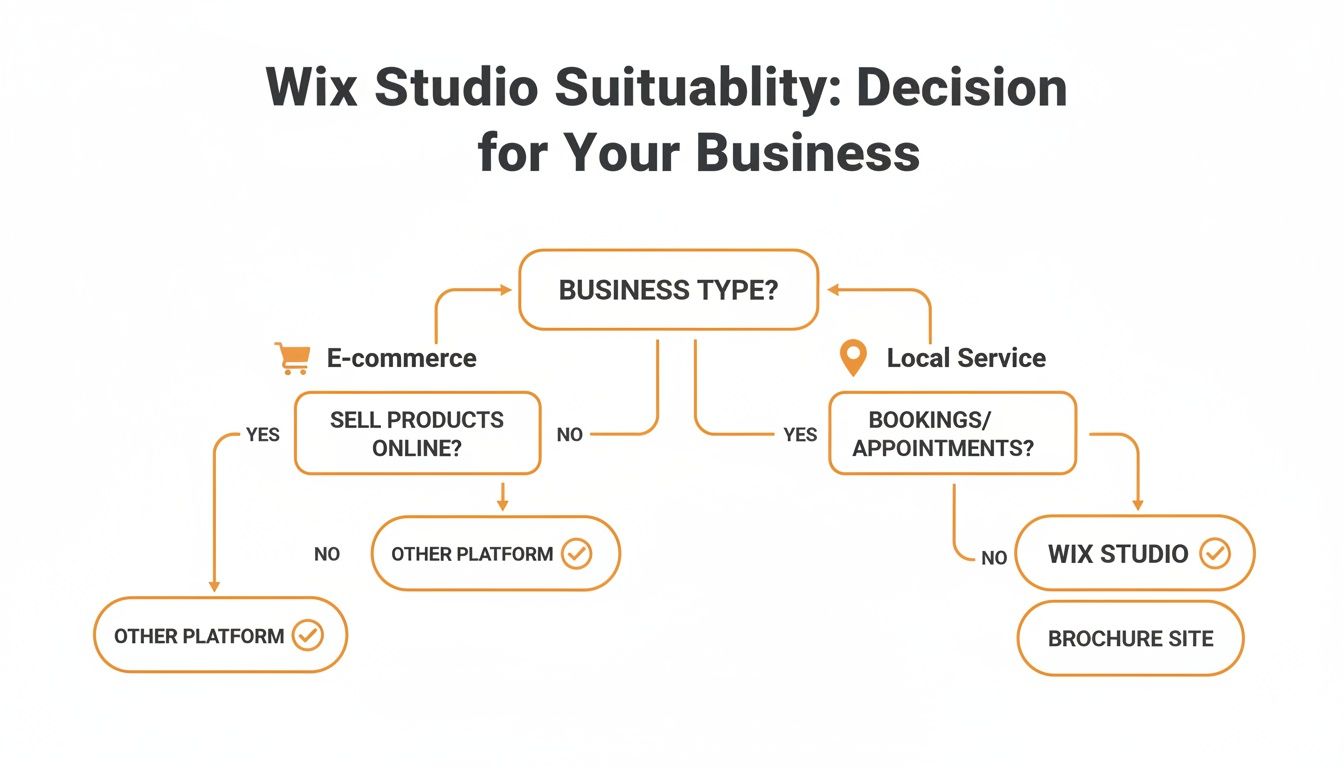 A flowchart determining Wix Studio suitability for e-commerce or local service business needs.