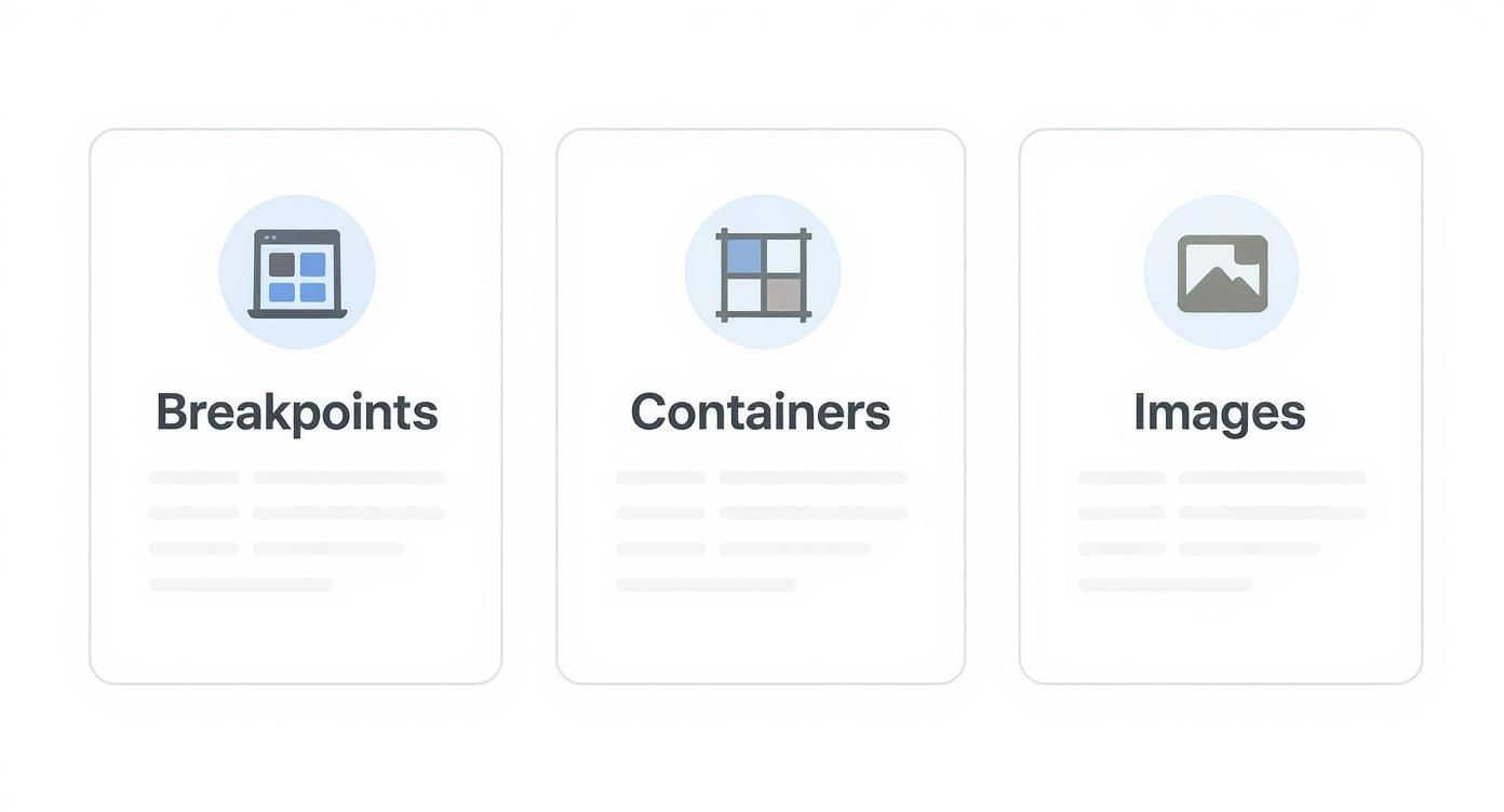 Three white cards with icons and text: Breakpoints, Containers, and Images, representing web design concepts.