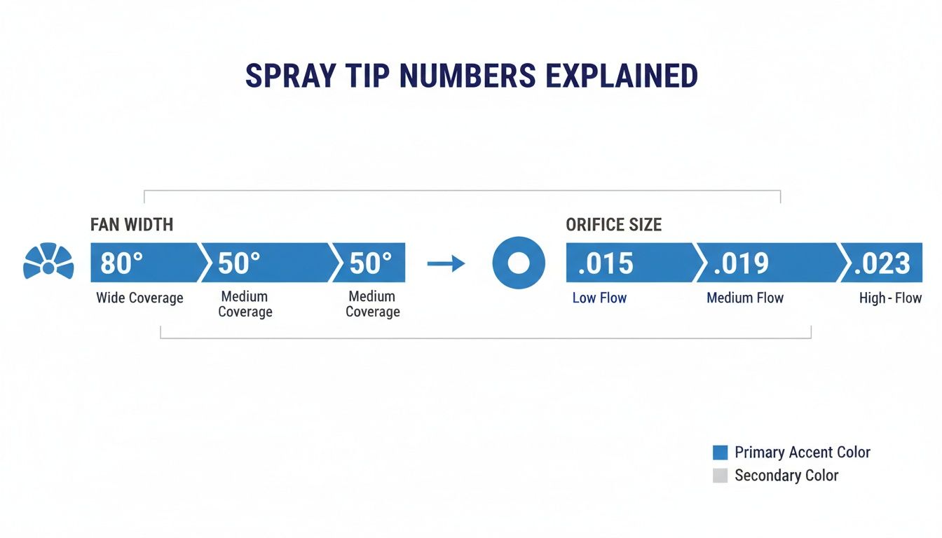 Diagram explaining paint spray tip numbers, showing fan width and orifice size with corresponding flow descriptions.