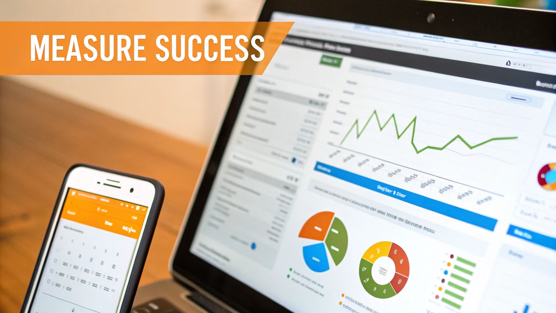 A laptop and smartphone displaying an analytics dashboard with various charts and graphs to measure performance.