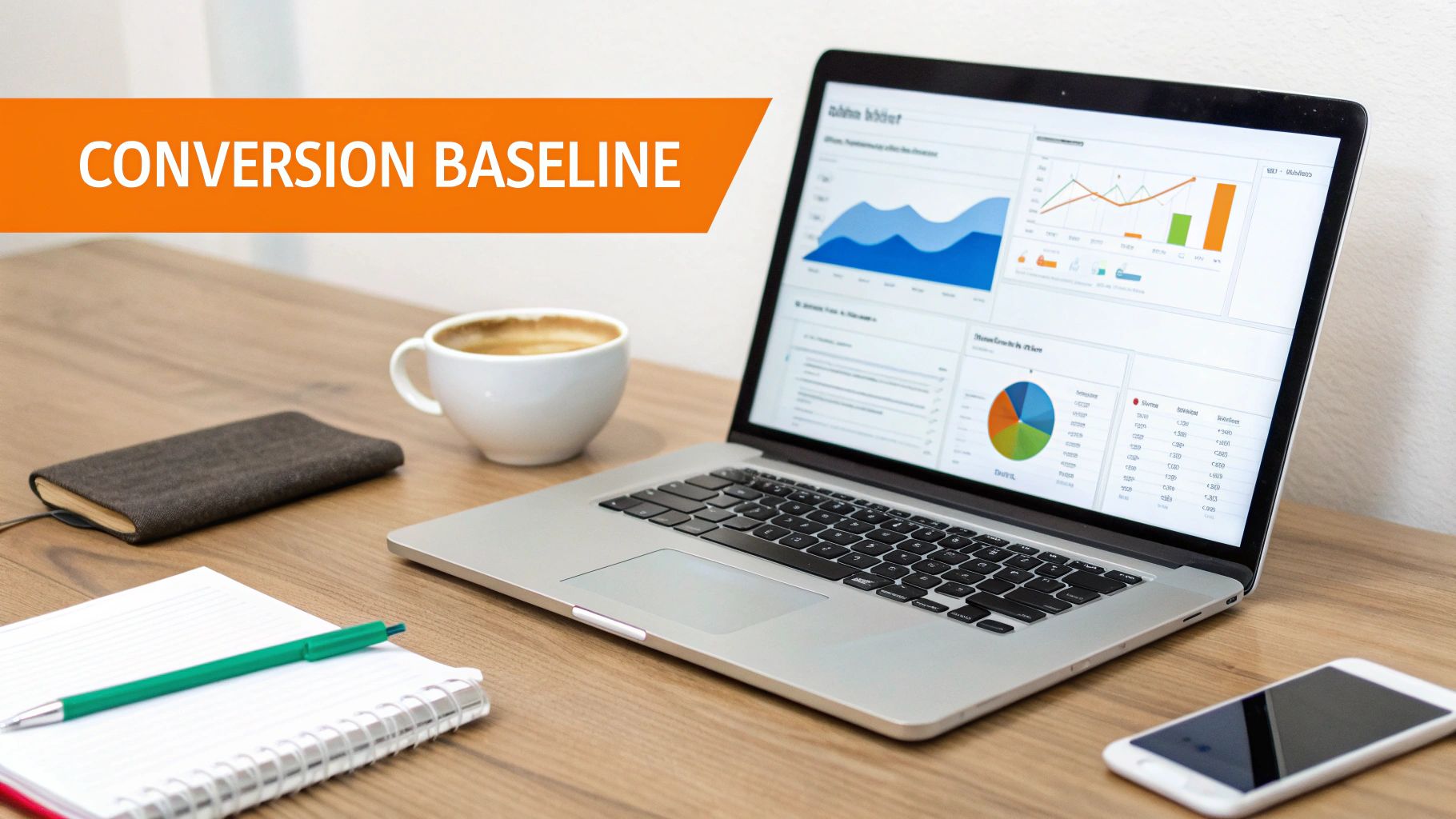 A laptop on a wooden desk displays conversion baseline charts and graphs, with coffee and a notebook.