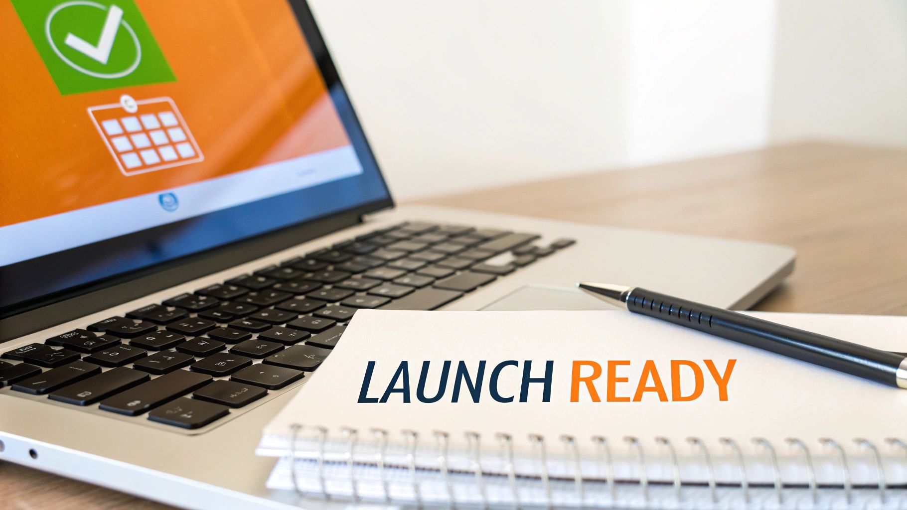 A laptop displaying a checkmark and calendar icon next to a notepad with 'LAUNCH READY' and a pen, symbolizing project readiness.