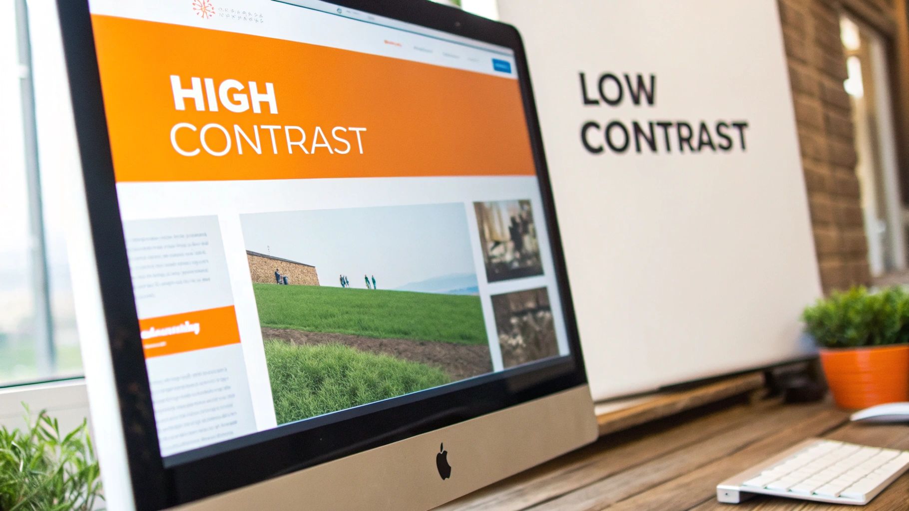 A close-up of an iMac displaying a website with 'HIGH CONTRAST' text, next to a 'LOW CONTRAST' sign, illustrating web design accessibility.