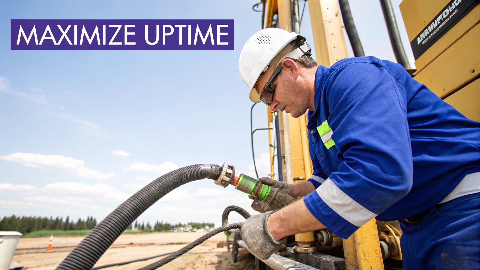 A worker in blue overalls and a hard hat connects a hose to industrial equipment at an outdoor worksite.