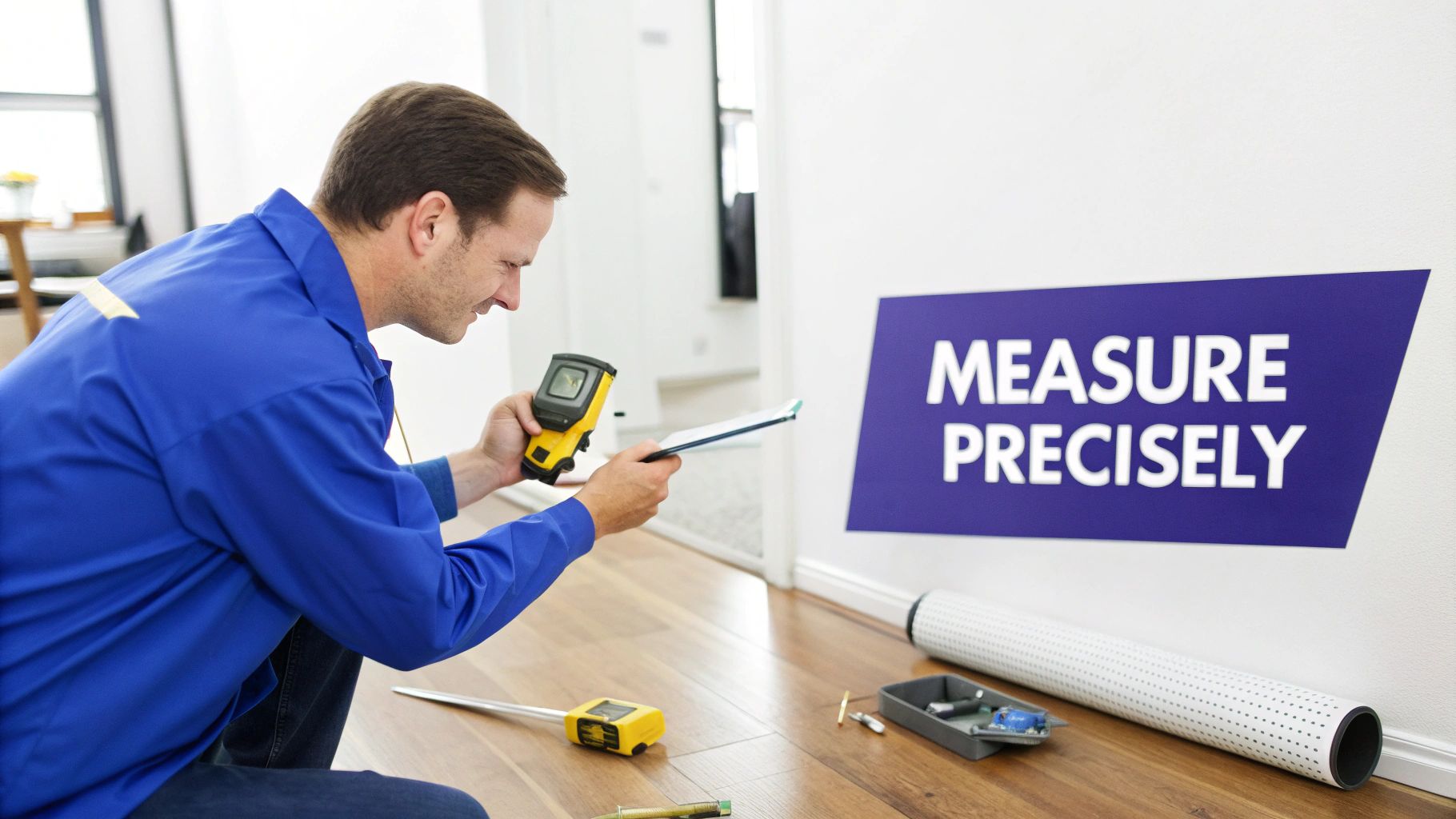 A man in a blue shirt uses a digital tool and tablet to precisely measure for a painting job.