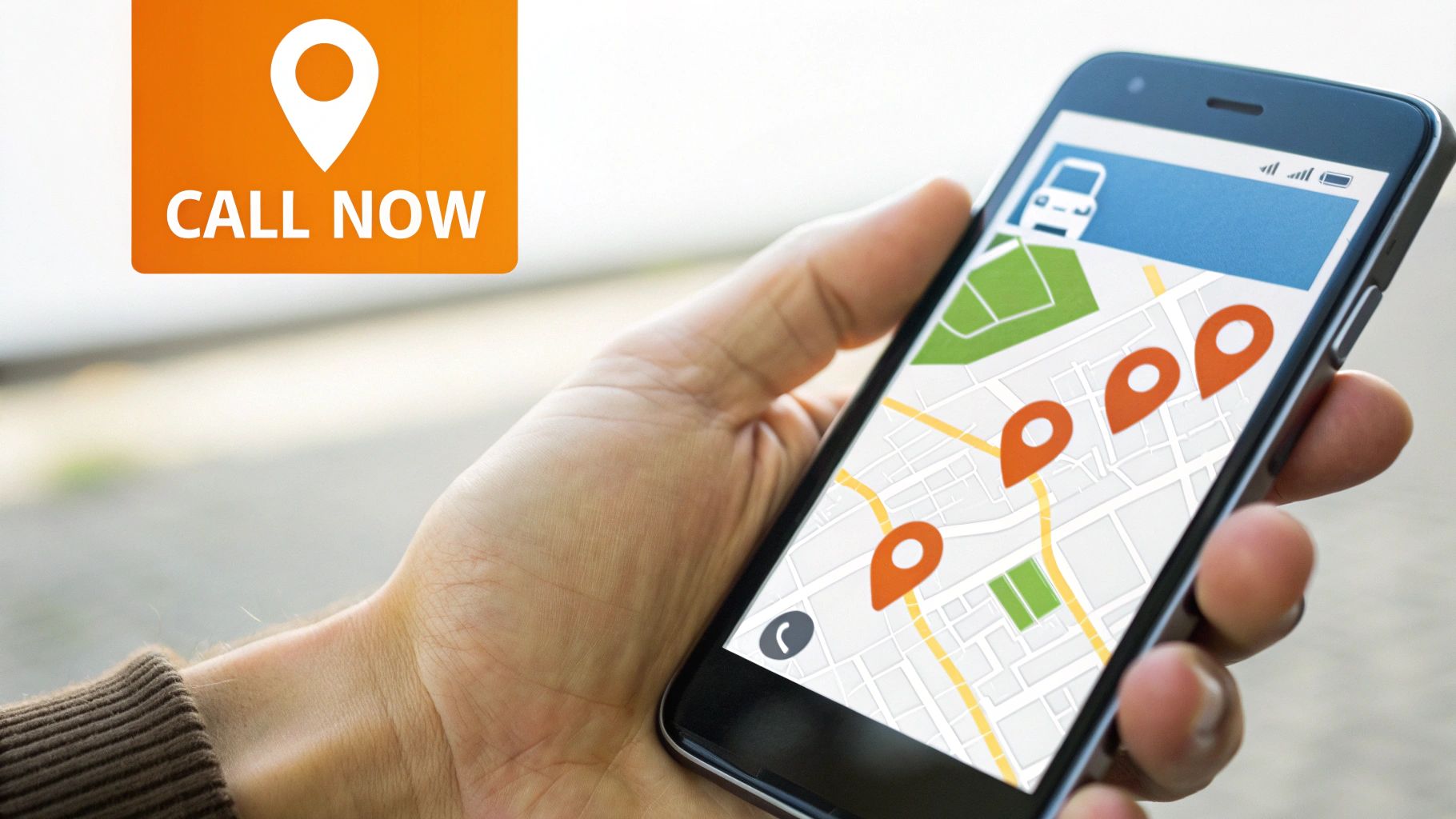 A hand holds a smartphone displaying a map app with orange location pins and a bus icon, alongside a 'CALL NOW' banner.
