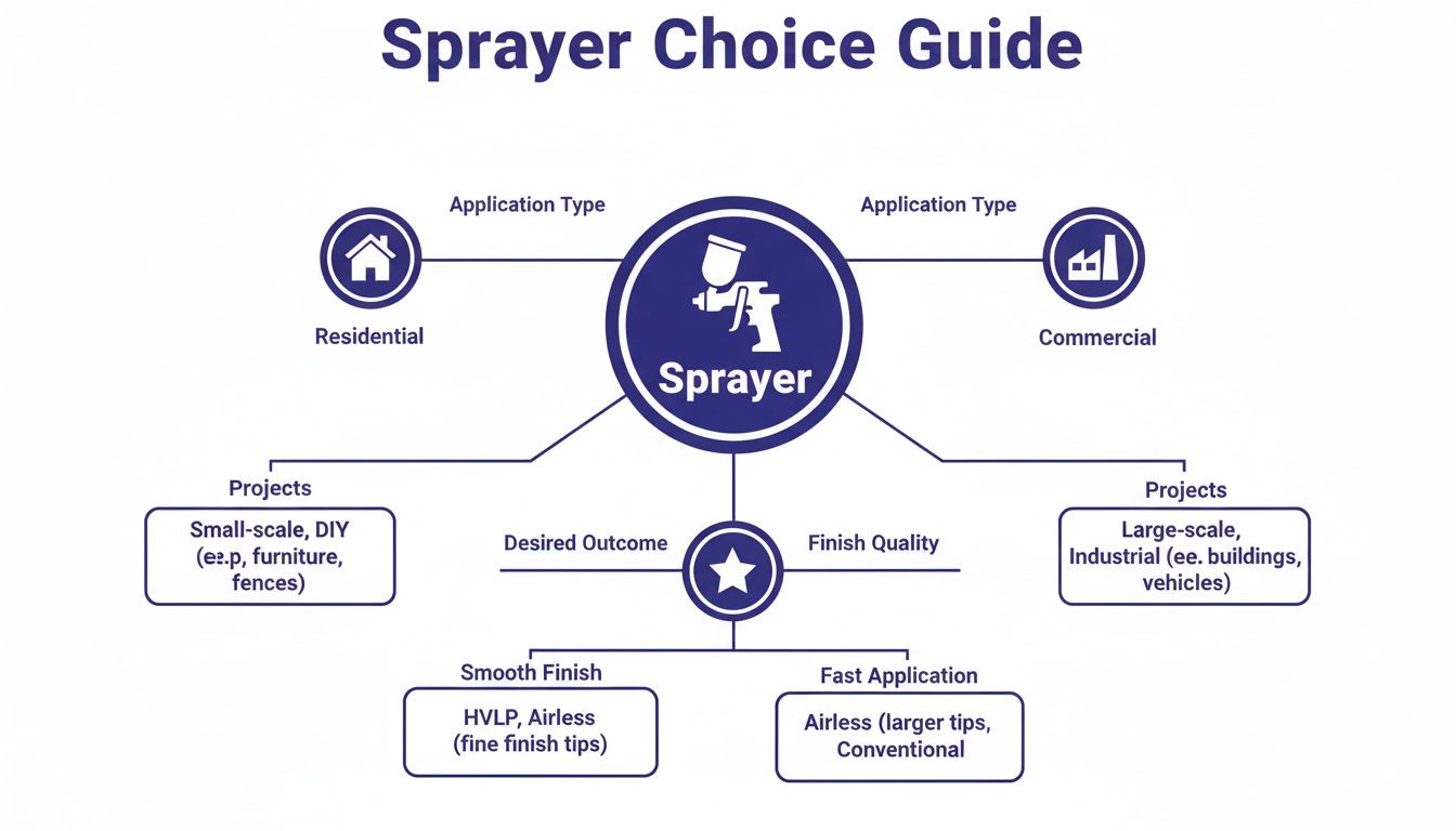 Sprayer Choice Guide flowchart showing application types, projects, and desired finish outcomes.