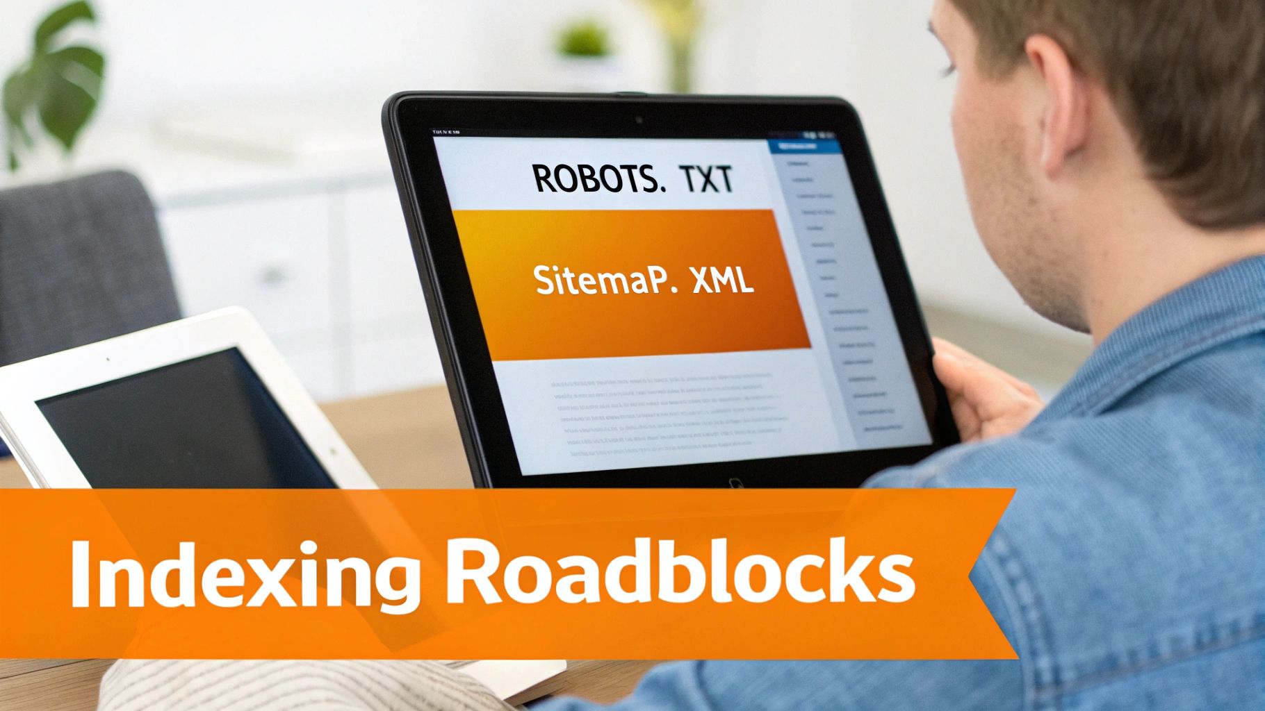 A person views a tablet displaying 'ROBOTS. TXT' and 'Sitemap. XML', with an 'Indexing Roadblocks' banner.