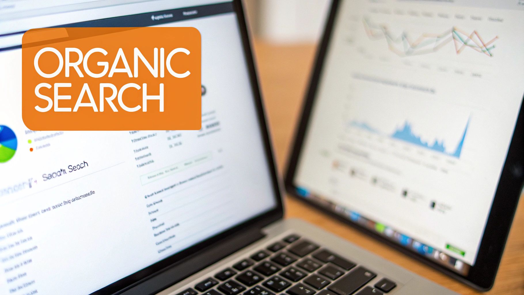 Laptop and tablet displaying digital marketing analytics with an orange overlay for 'Organic Search'.