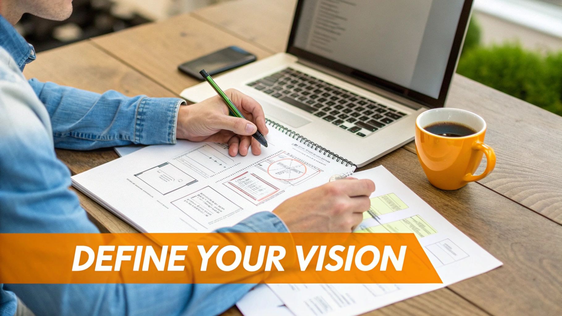 Close-up of a person's hands working on a design with a pen, notebook, laptop, and coffee.