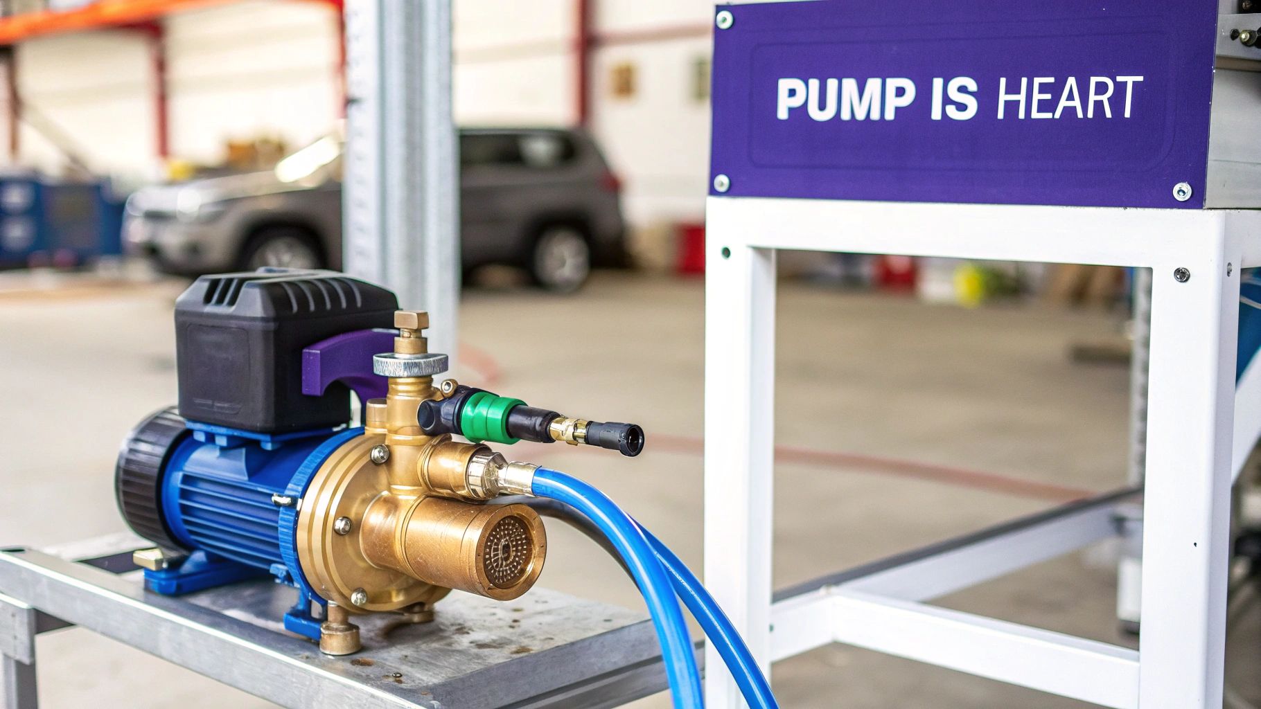 Close-up of a pressure washer pump system with blue motor and brass components on a stand.