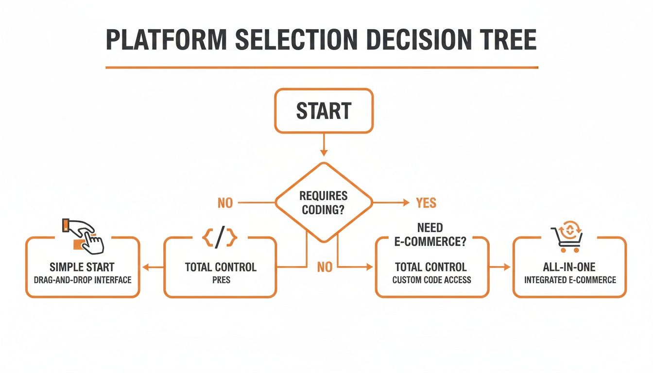 A decision tree flowchart for platform selection based on coding and e-commerce requirements.