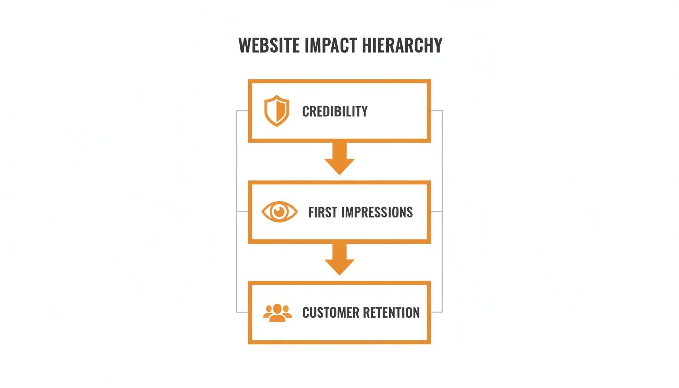Diagram showing website impact hierarchy: credibility, first impressions, and customer retention in sequence.