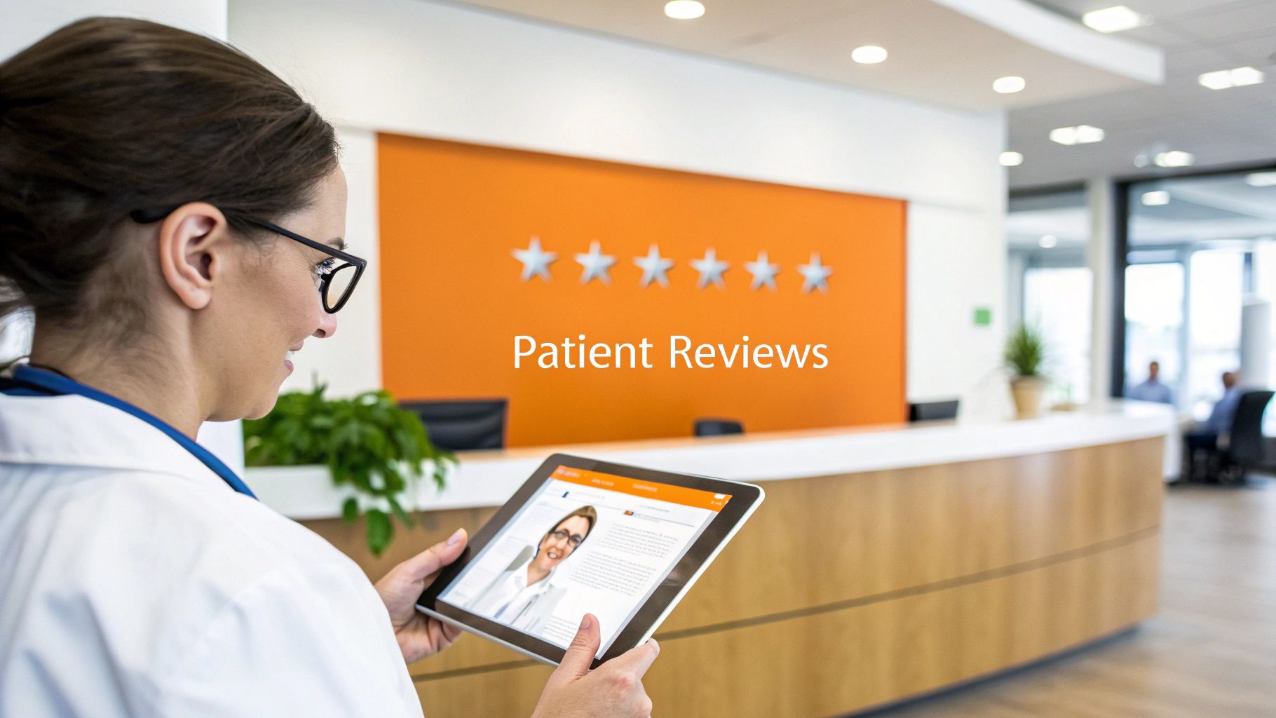 Female doctor in a white coat viewing patient reviews on a tablet in a modern clinic lobby.