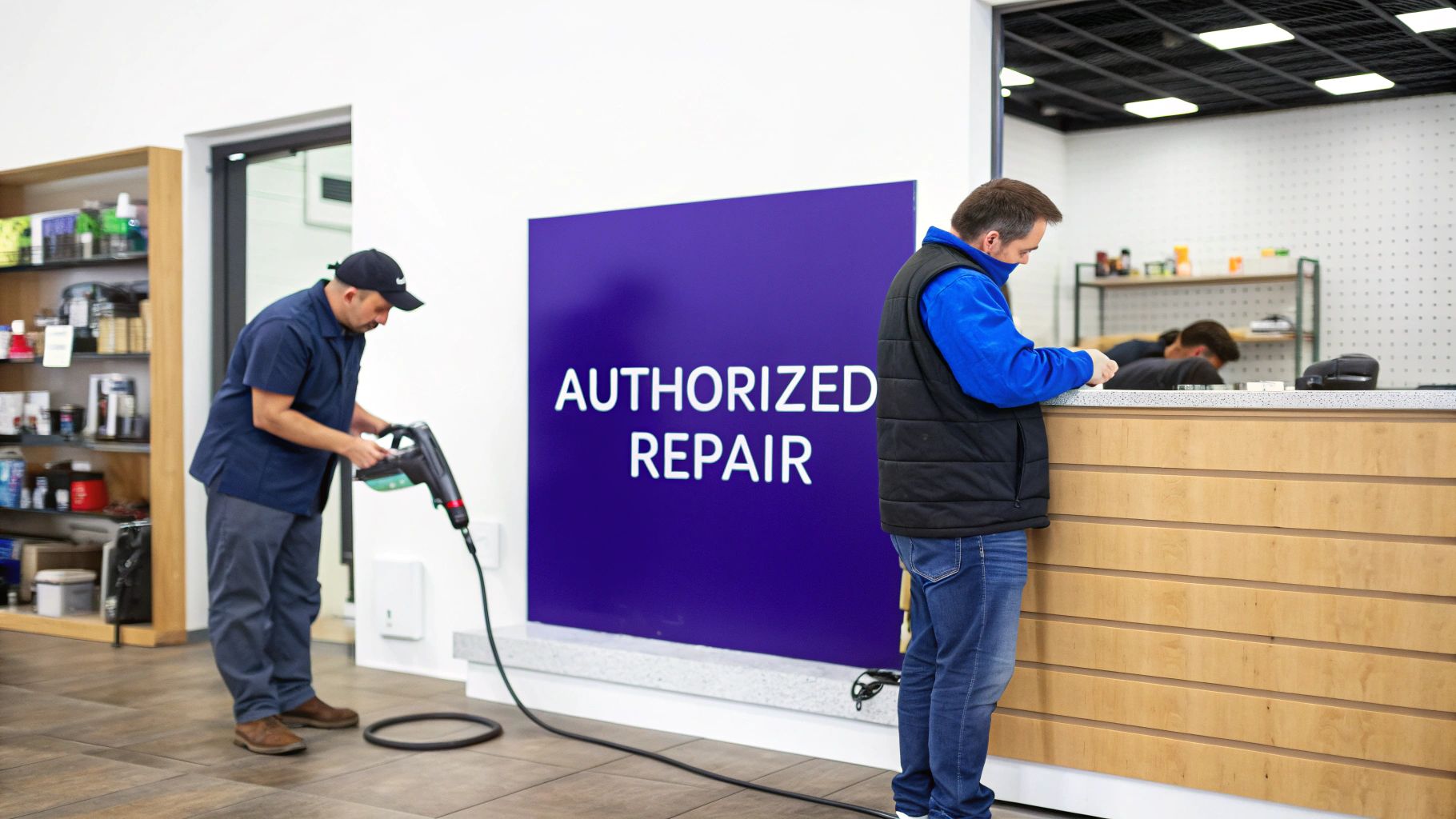 Technicians working in an authorized repair shop; one cleans while another assists at the counter.