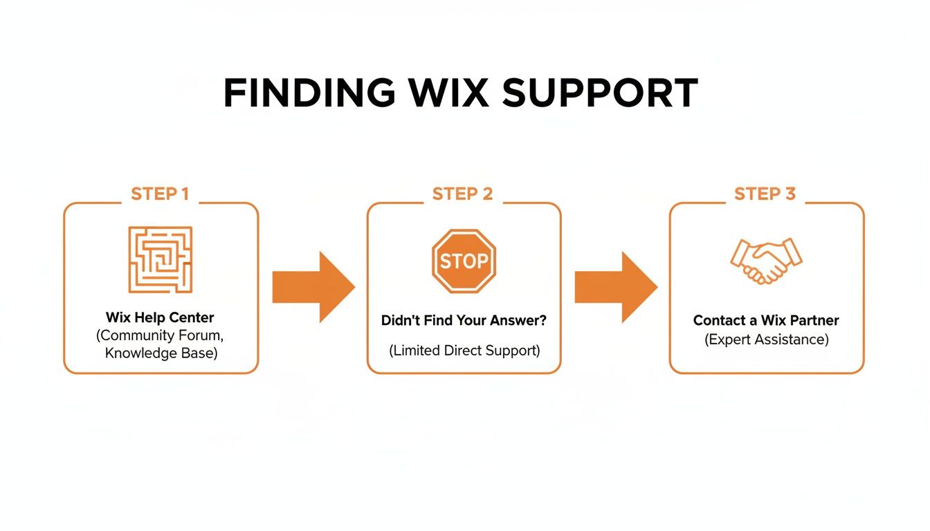 A three-step visual guide outlining how to find support for Wix, from help center to partners.