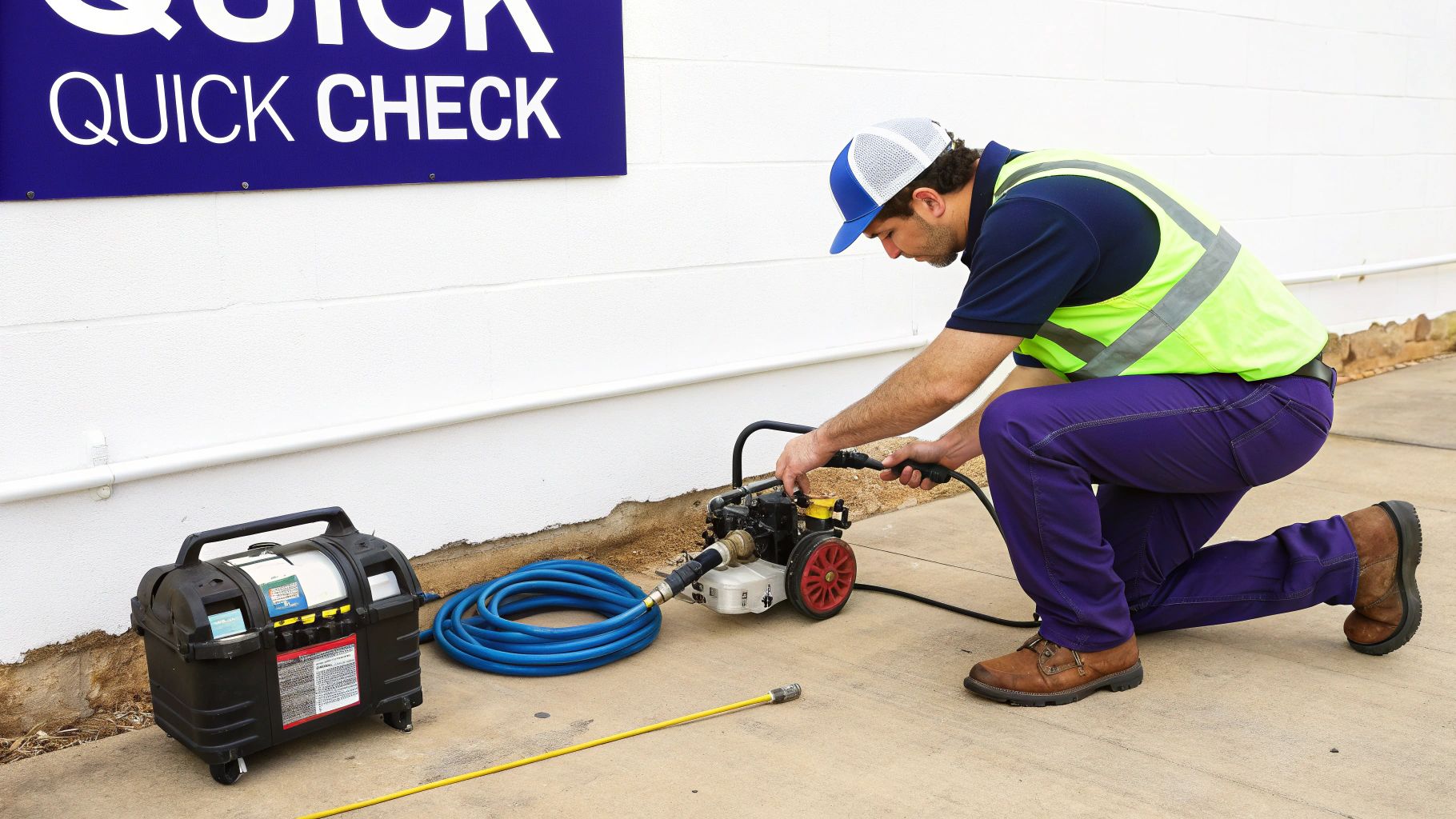 A man in work clothes kneels, connecting a hose to a pressure washer outside a building with a 'Quick Check' sign.
