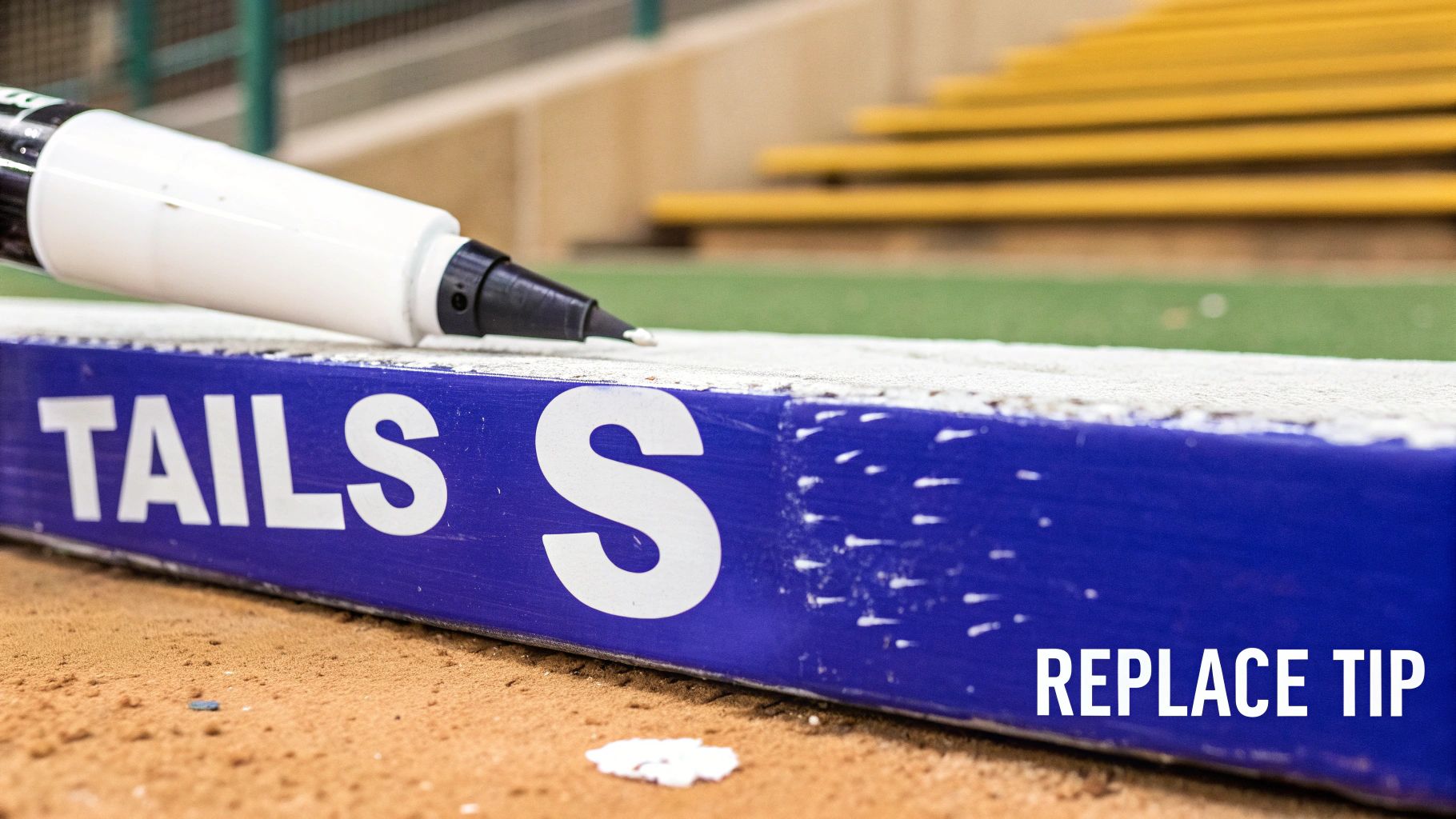 A close-up of a white marker with a worn tip, resting on a blue object with 'TAILS S'. Text overlay says 'REPLACE TIP'.