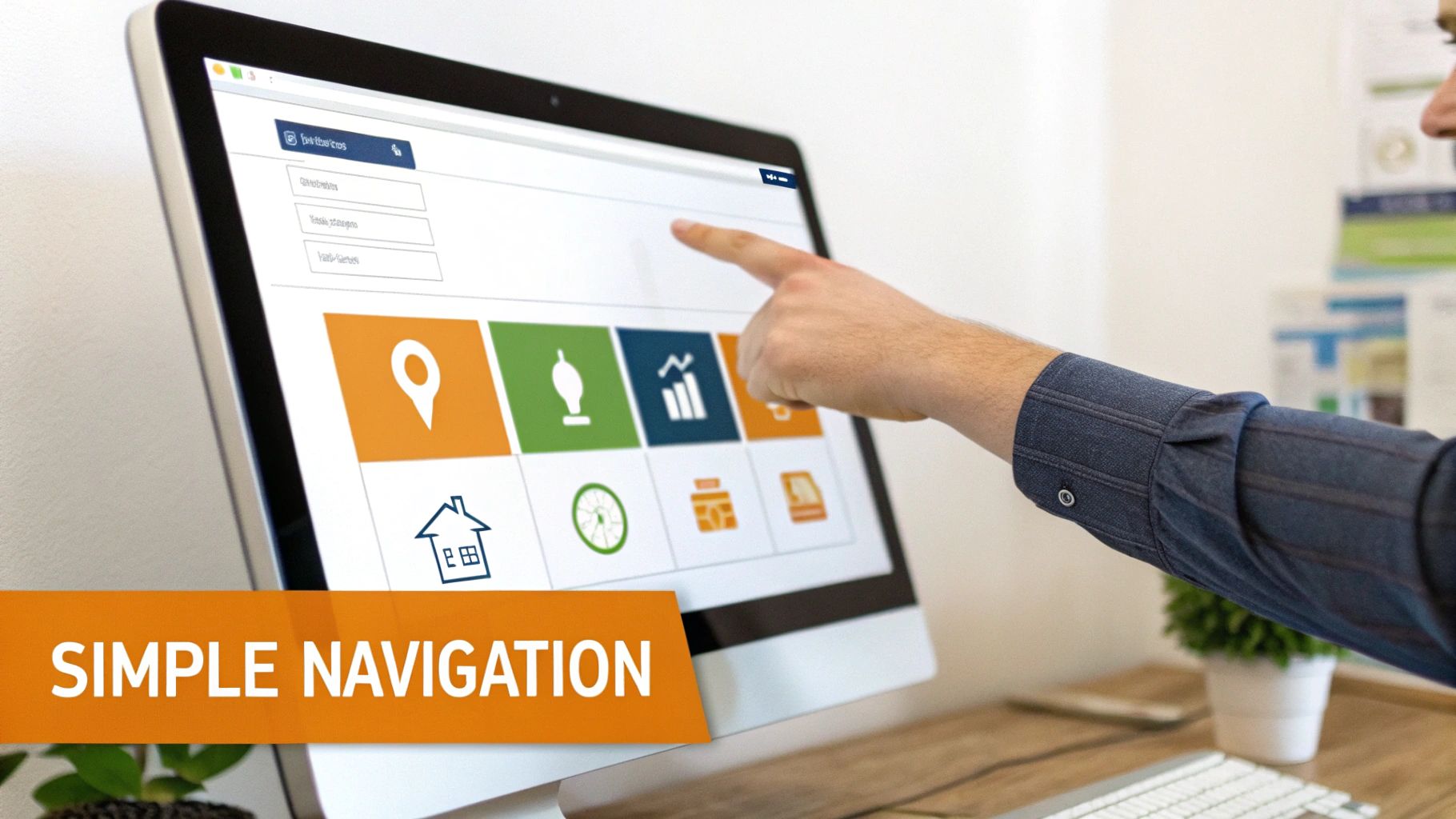 A person's hand points at a desktop computer screen displaying a clean web interface with simple navigation icons.
