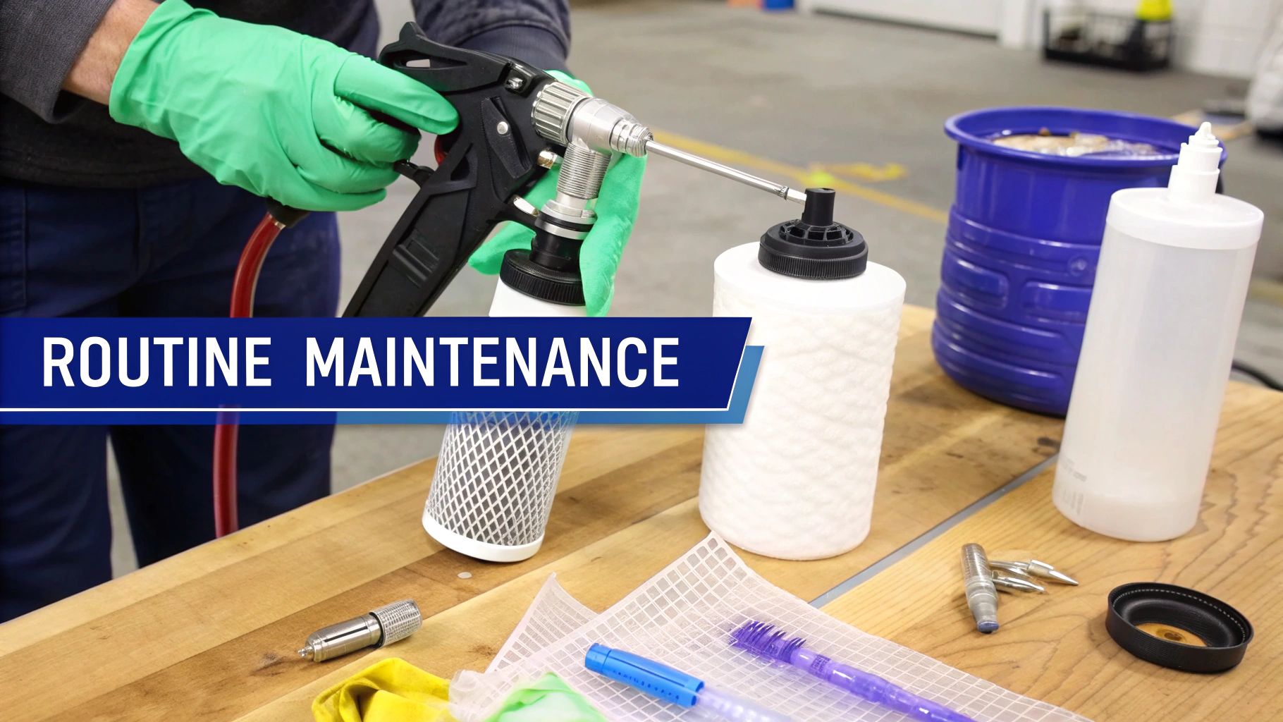 A person in green gloves holding an airless sprayer over a bottle, with maintenance tools on a wooden table.