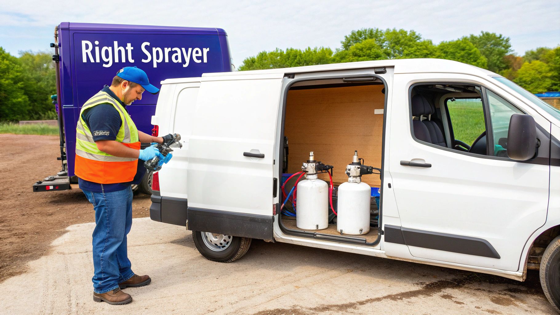 A man in a work vest and gloves prepares a spray gun next to a white service van.