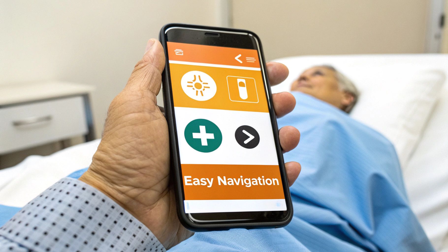 A hand holding a smartphone displaying a medical app with 'Easy Navigation' over a patient in a bed.