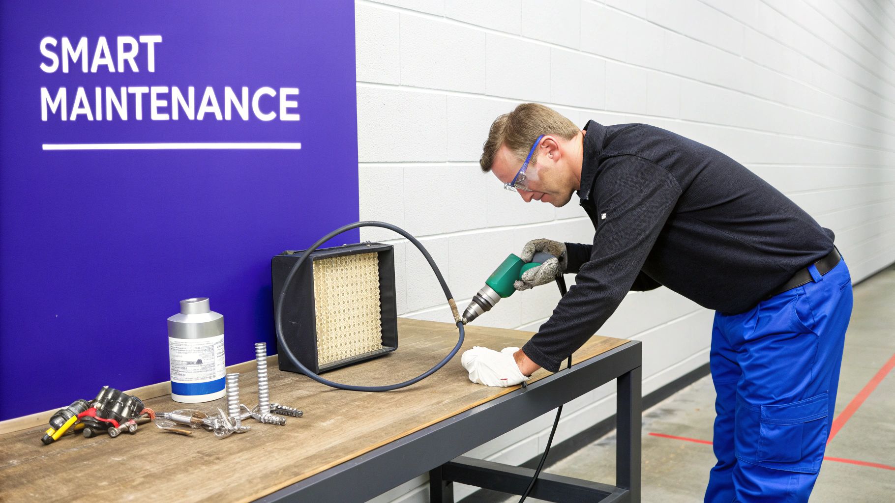Technician performs smart maintenance on industrial equipment with a drill, wearing safety gear.