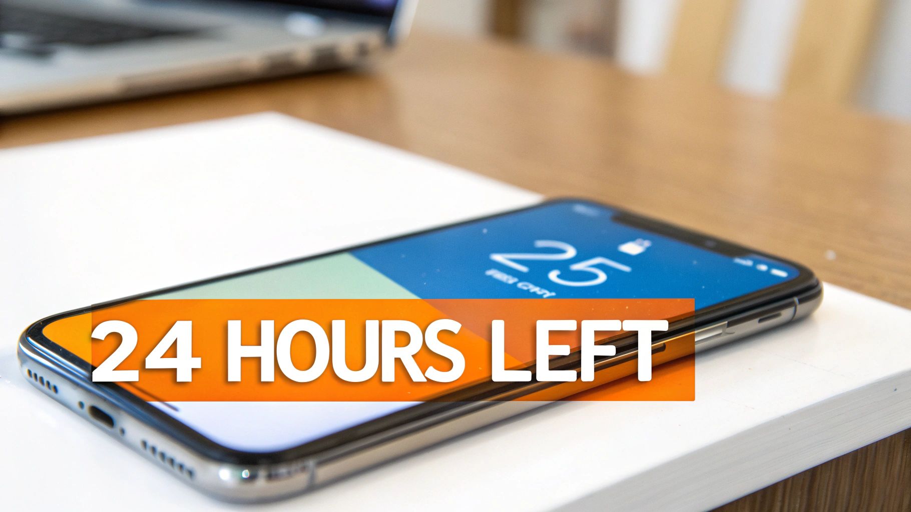 An iPhone displaying '25 FRI GNY' with an overlay of '24 HOURS LEFT' on a wooden table.