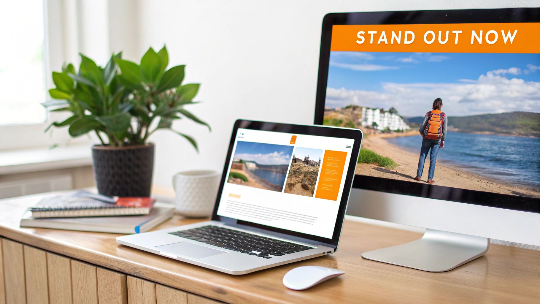 Laptop and monitor displaying website content on a modern wooden desk with a plant.