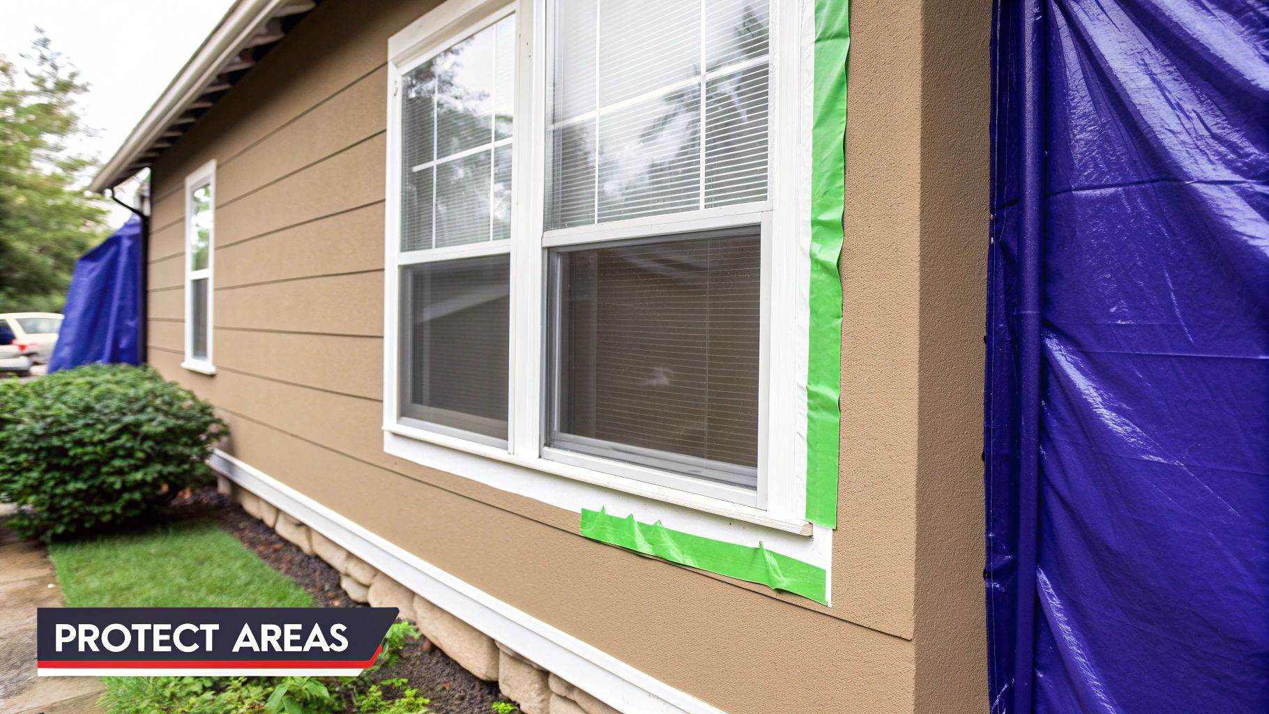 House exterior prepared for painting, showing windows taped with green tape and a blue tarp.