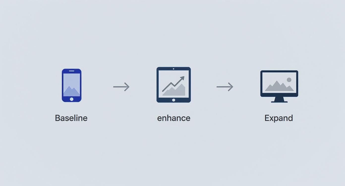 Icons showing a smartphone (Baseline), tablet with graph (enhance), and monitor (Expand), illustrating mobile-first design progression.
