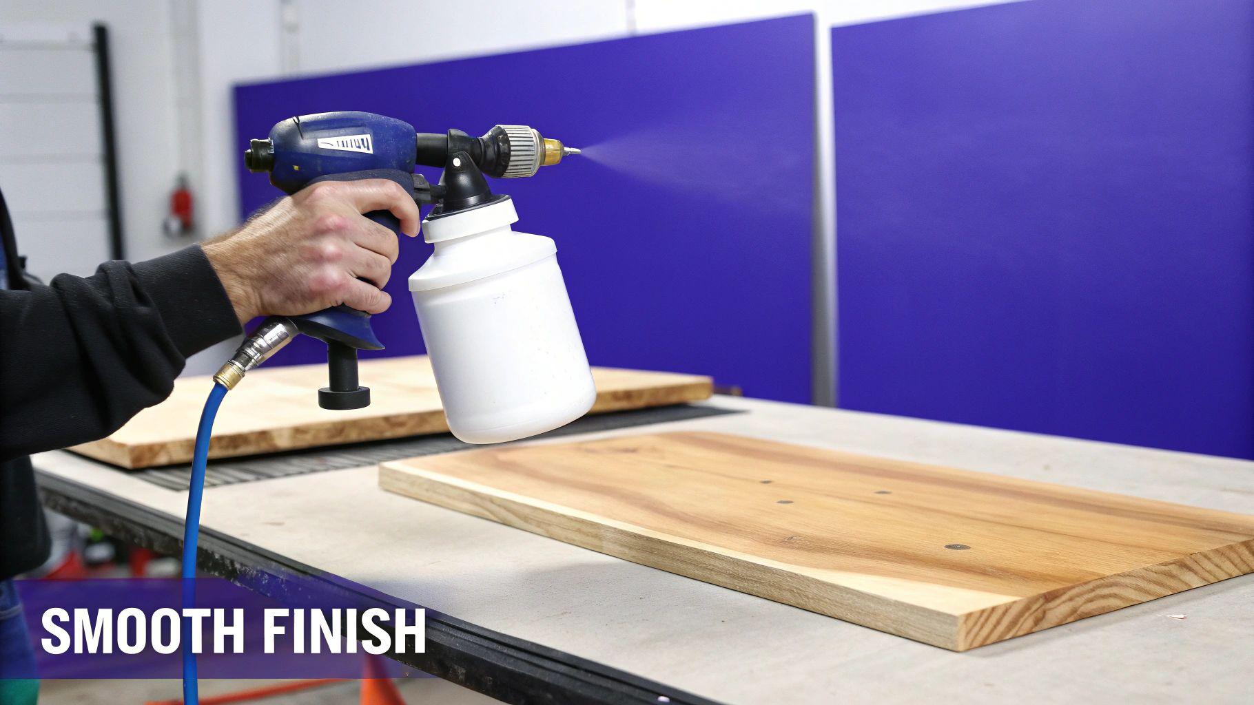 A person uses a blue paint sprayer to apply a smooth finish on a light brown wooden board.