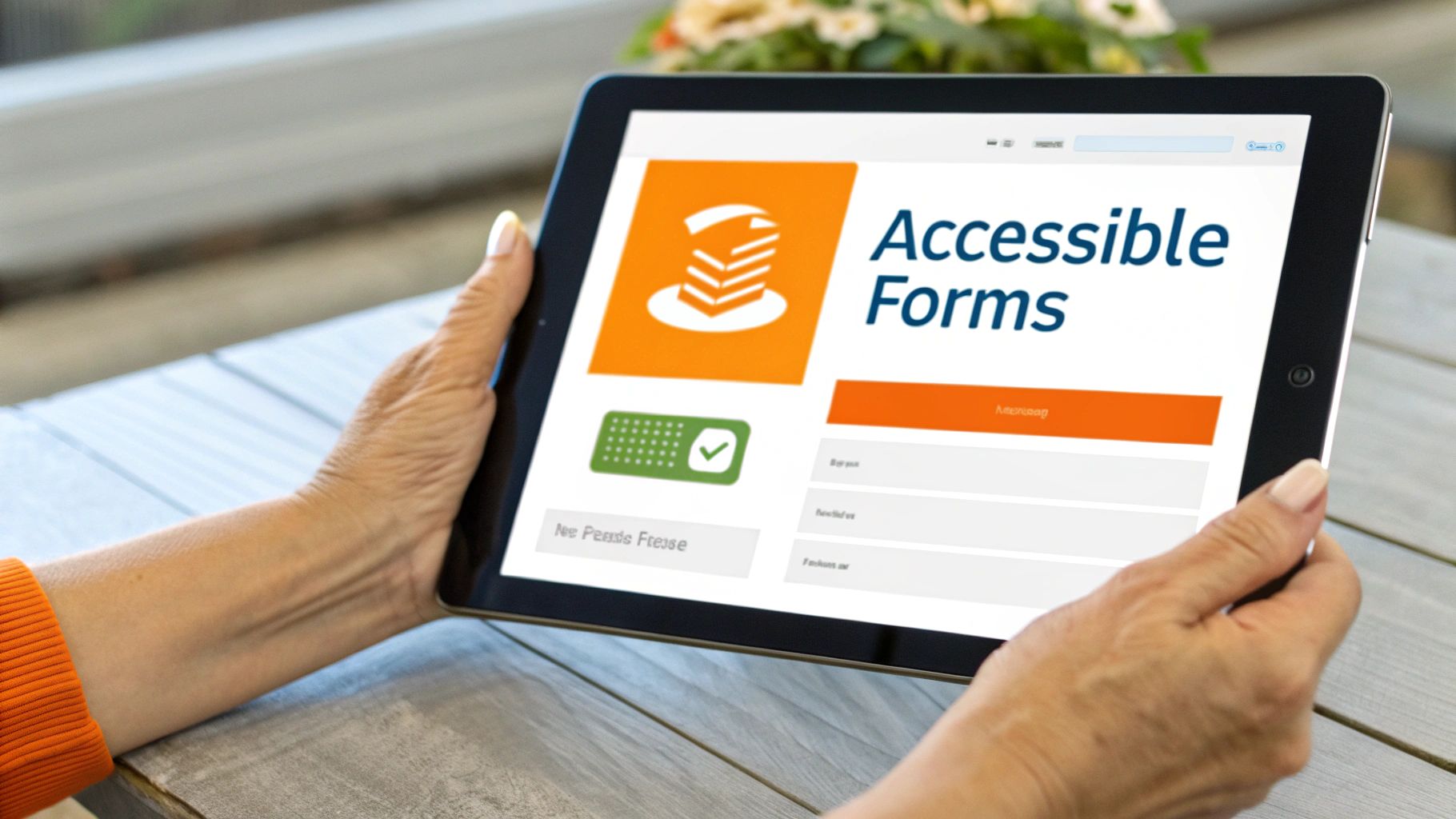 Hands holding a tablet displaying a webpage titled 'Accessible Forms' for digital accessibility.