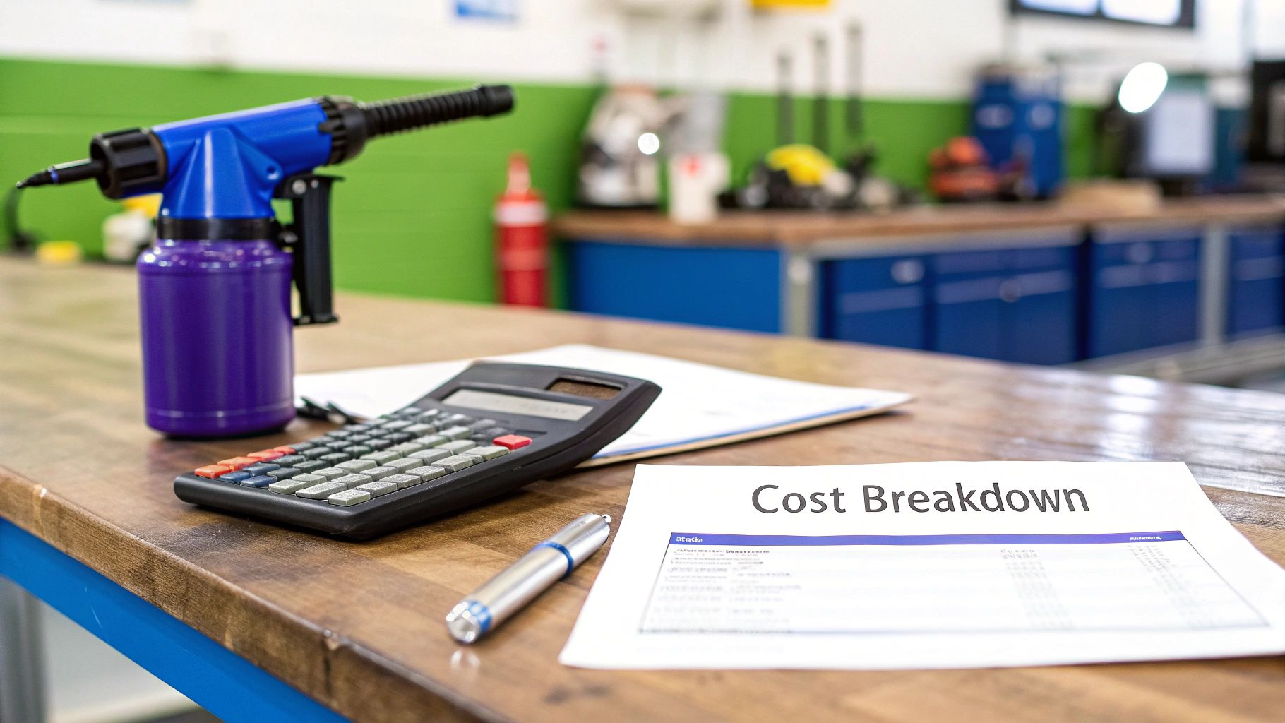 A pressure washer, calculator, and "Cost Breakdown" document on a workshop bench, indicating repair cost analysis.