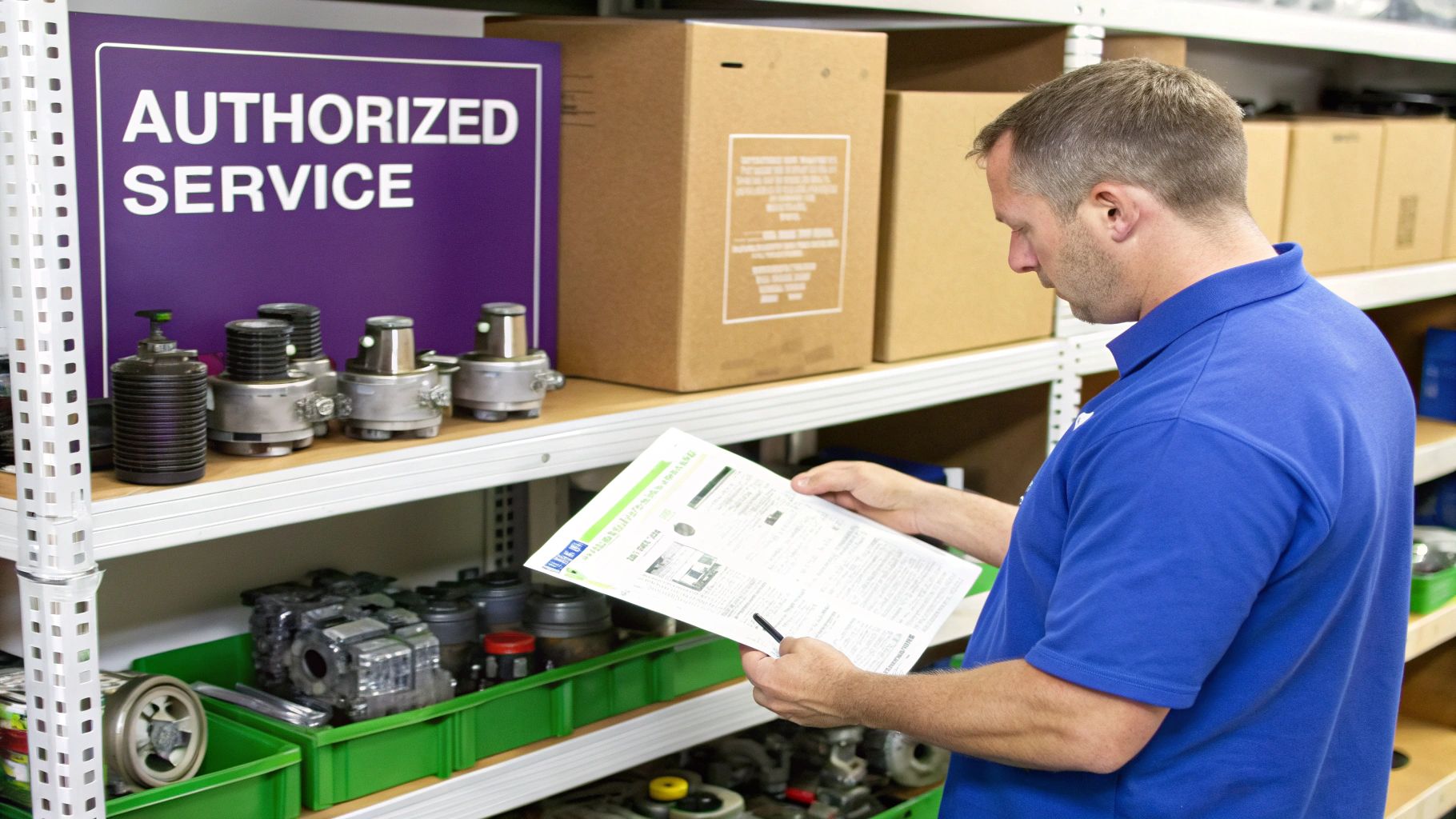 A man in a blue shirt reads a document in an authorized service center with parts on shelves.