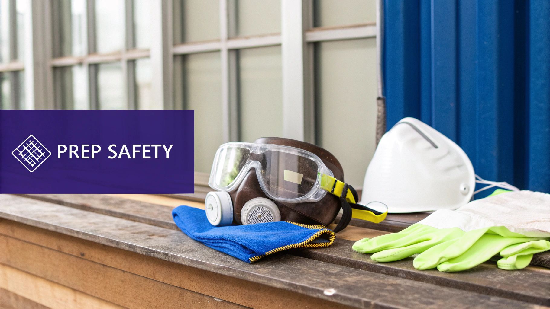 Various personal protective equipment (PPE) for safety, including masks, goggles, and gloves on a wooden surface.