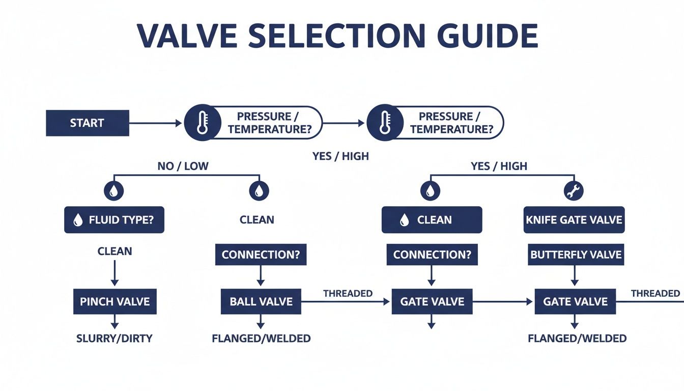 Valve selection guide flowchart illustrating choices for different pressure, temperature, fluid, and connection types.