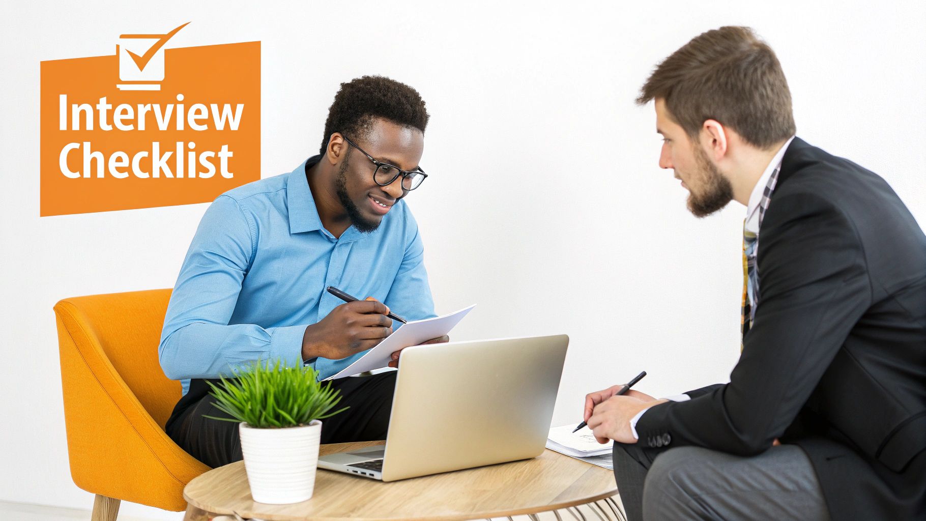 An African American man taking notes during an interview with a Caucasian man, with an 'Interview Checklist' graphic.