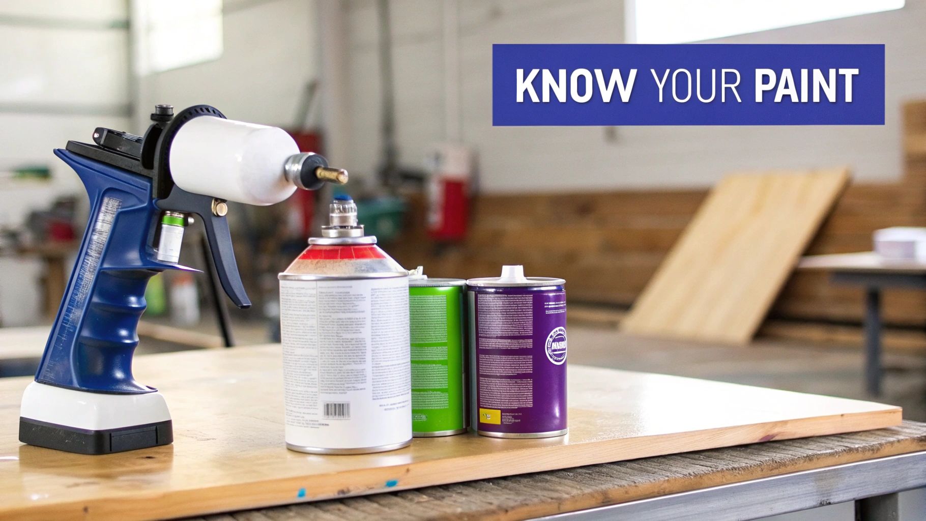 Blue and white paint sprayer, with several paint cans on a wooden workbench, and text 'KNOW YOUR PAINT'.