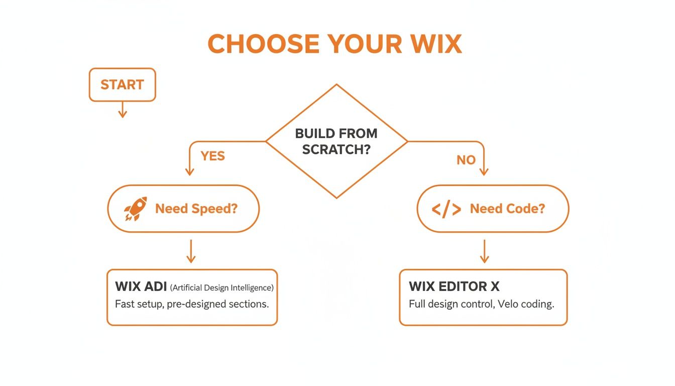 Flowchart guiding users to choose between Wix ADI for speed or Wix Editor X for code and design control.