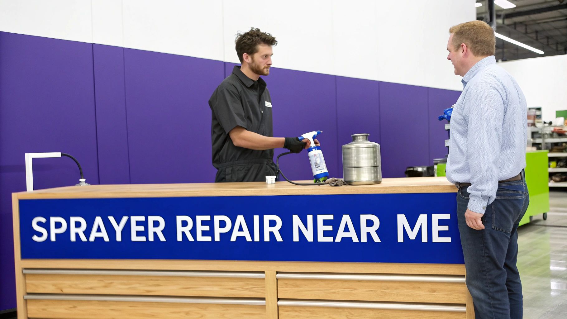 Two men at a service counter, one holding a sprayer, in front of a 'Sprayer Repair Near Me' sign.