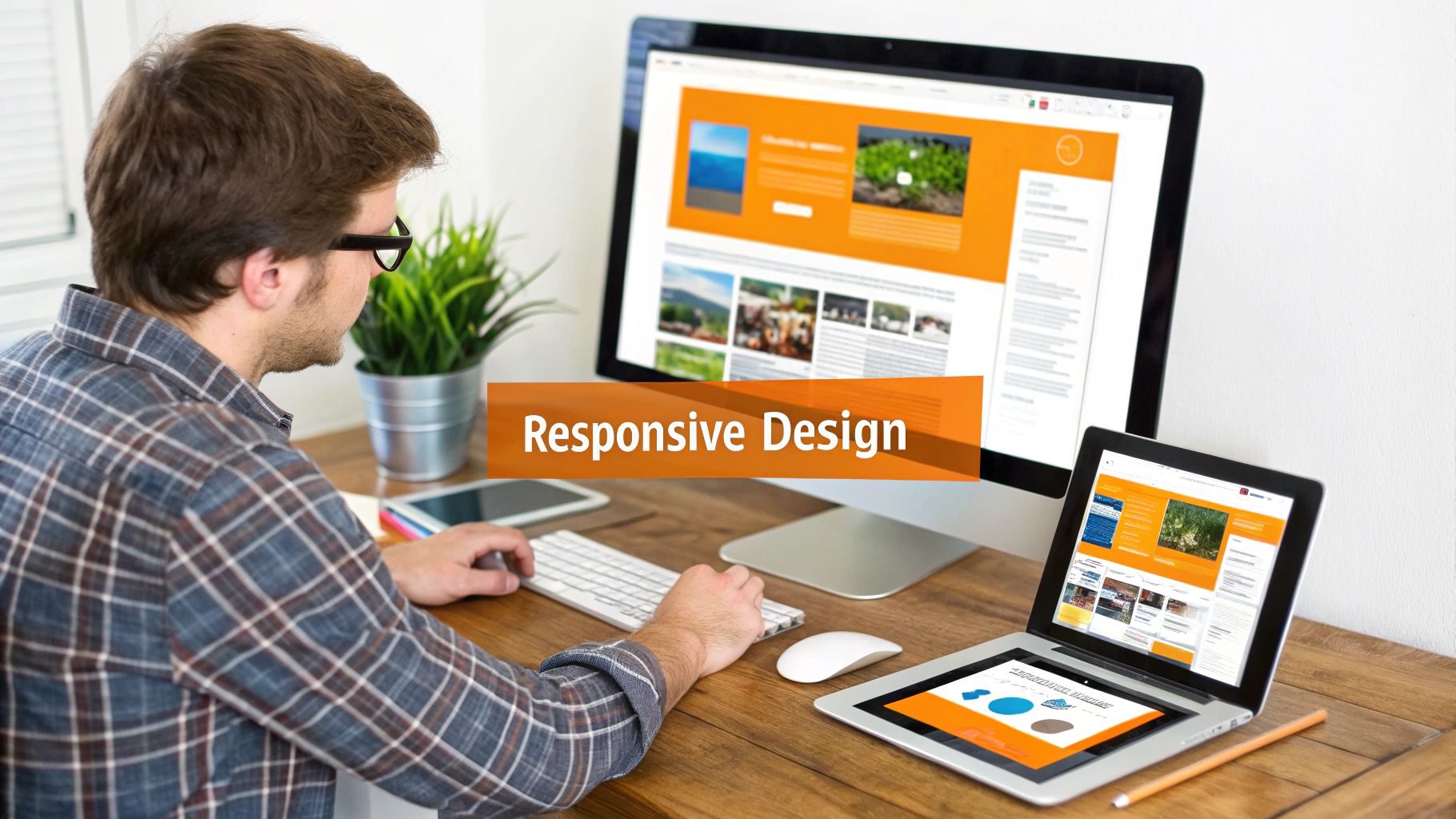 Man working on a computer and laptop showing responsive website design across devices.