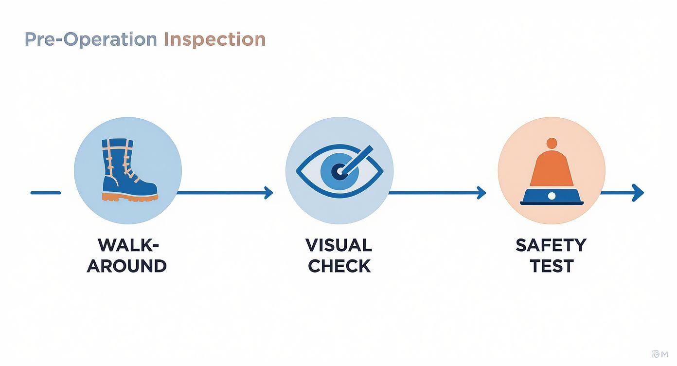 Diagram illustrating a three-step pre-operation inspection process: walk-around, visual check, and safety test.