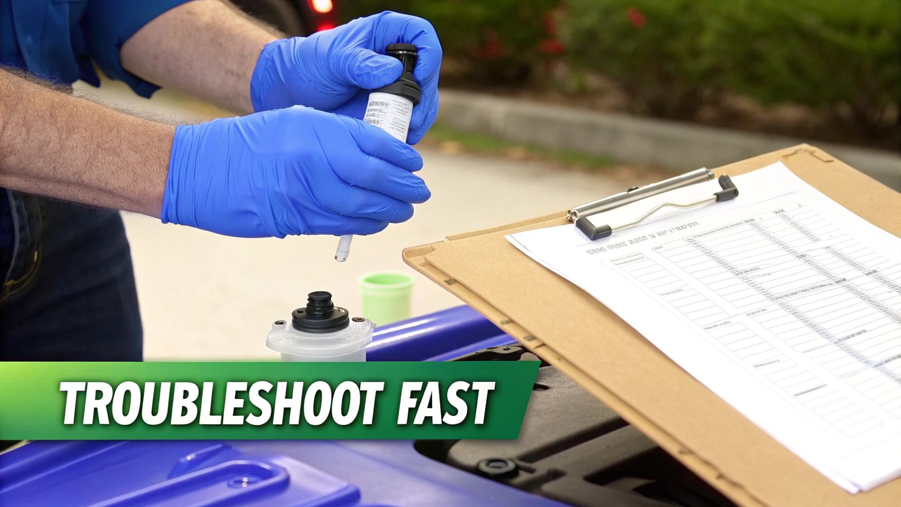Person in blue gloves using a dropper from a bottle, next to a clipboard for fast troubleshooting.