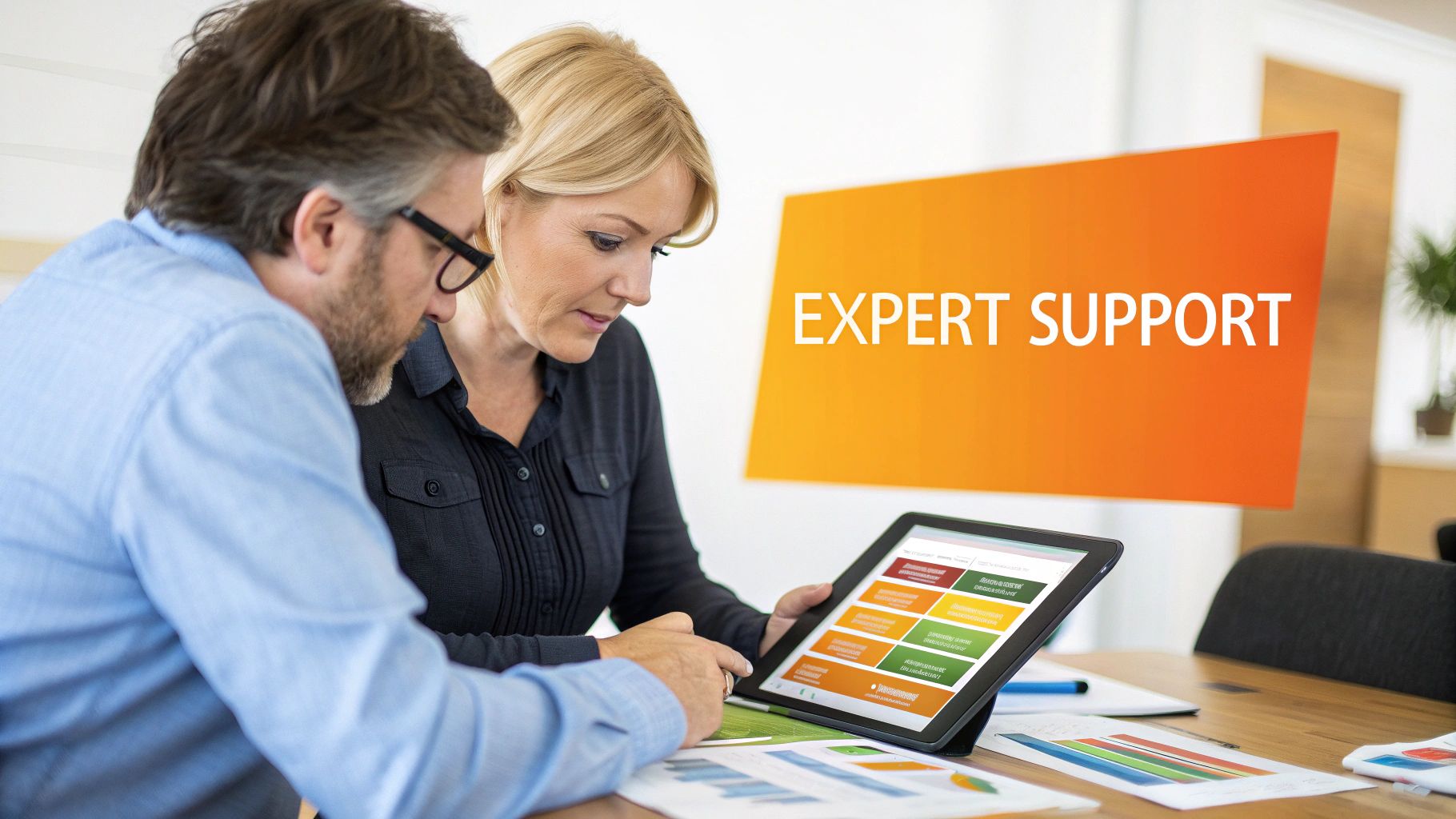 Two business professionals collaborate, reviewing data on a tablet with 'EXPERT SUPPORT' visible in the background.