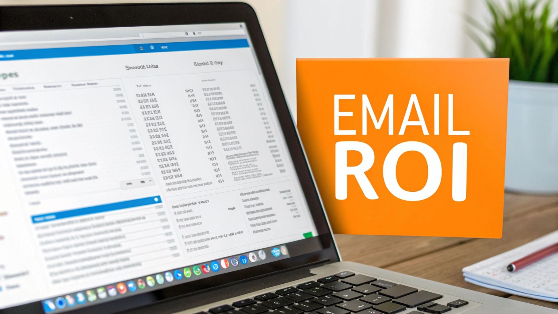 A laptop on a wooden desk with an orange sign displaying 'EMAIL ROI' in white letters.